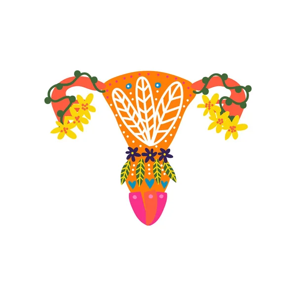 Reproduksi Perempuan Sehat Dengan Bright Blooming Flowers, Uterus dan Womb Organ Vector Illustration - Stok Vektor