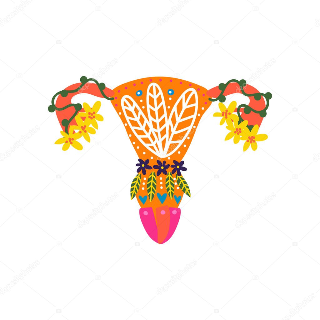 Healthy Female Reproductive System with Bright Blooming Flowers, Uterus and Womb Organs Vector Illustration