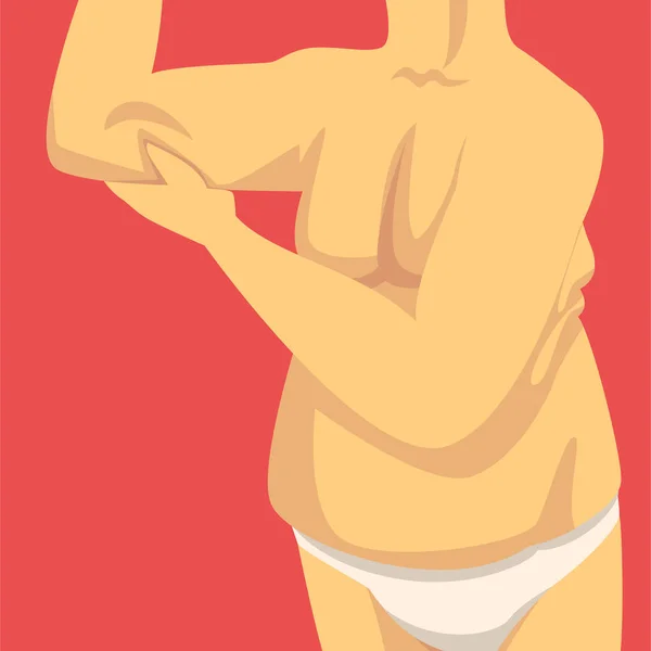 Torse masculin, serrage de l'homme Plier l'avant-bras gras avec sa main, le corps humain après la perte de poids, l'obésité et les problèmes alimentaires malsains Illustration vectorielle — Image vectorielle