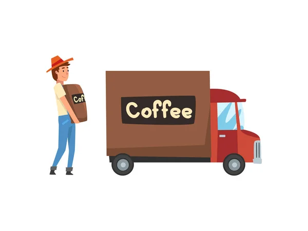 Hombre cargando bolsas de café en camión de reparto, ilustración vectorial de la etapa de producción de la industria del café — Vector de stock