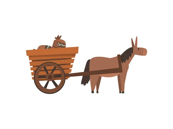Carro de madera del tirón del burro con las bolsas de café, ilustración vectorial de la etapa de producción de la industria del café — Vector de stock