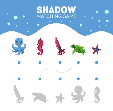 Sevimli Deniz Yaratıkları, Ahtapot, Kalamar, Kaplumbağa, Denizatı, Denizyıldızı, Çocuklar Vektör İllüstrasyon için Doğru Gölge Eğitim Oyunu bul oyunu ile eşleştirme oyunu
