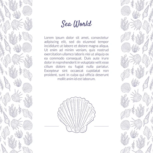 Plantilla Banner Mundo Marino con Lugar para Texto y Elementos Naturales Submarinos Patrón, Mundo Submarino con Algas y Conchas Marinas Vector Ilustración — Vector de stock