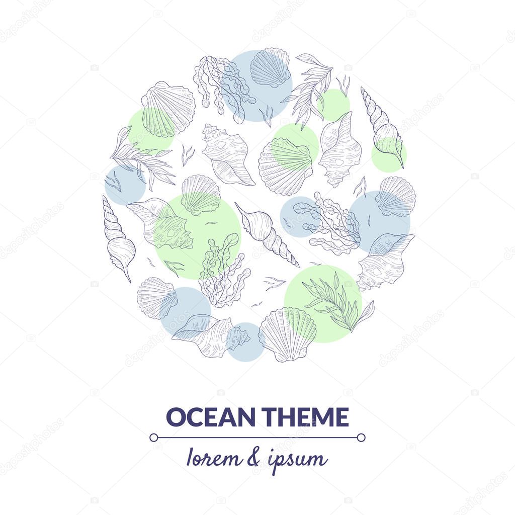 Ocean Theme Banner Template, Undersea World with Seaweed and Seashells in Circular Shape Hand Drawn Vector Illustration