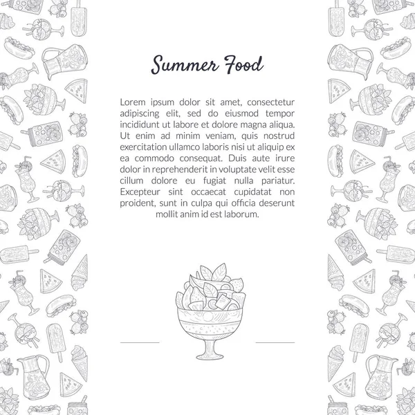 Summer Food Banner Template with Place for Text and Picnic Food Hand Drawn Pattern, Summertime, Holidays Design Element Vector Illustration — Stock Vector