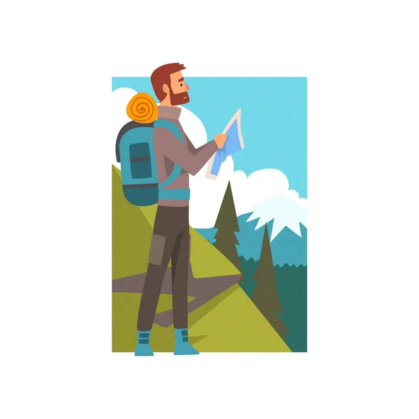 Bearded Man with Backpack and Map in Summer Mountain Landscape, Outdoor Activity, Travel, Camping, Backpacking Trip or Expedition Vector Illustration