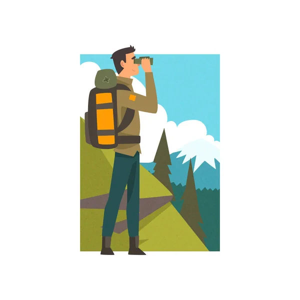 Hombre con mochila y prismáticos en verano Paisaje de montaña, actividad al aire libre, viajes, camping, viaje de mochilero o expedición Vector Ilustración — Vector de stock