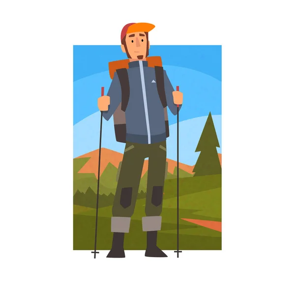 Passeio a pé nórdico, Homem com mochila e pólos em paisagem de montanha de verão, Atividade ao ar livre, Viagens, Acampar, Viagem de mochila ou ilustração de vetor de expedição — Vetor de Stock