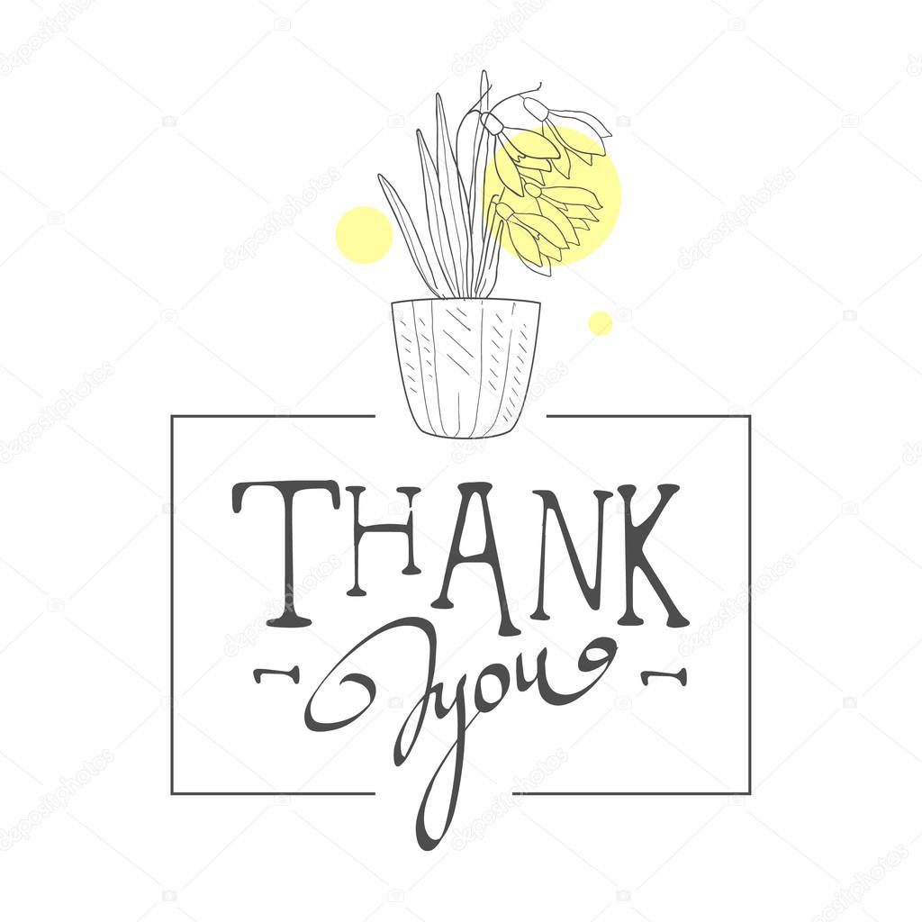 Thank You Handwritten Inscription, Elegant Card with Bouquet of Flowers, Design Element Can Be Used for Gift or Greeting Card, Invitation, Flyer, Banner Hand Drawn Vector Illustration