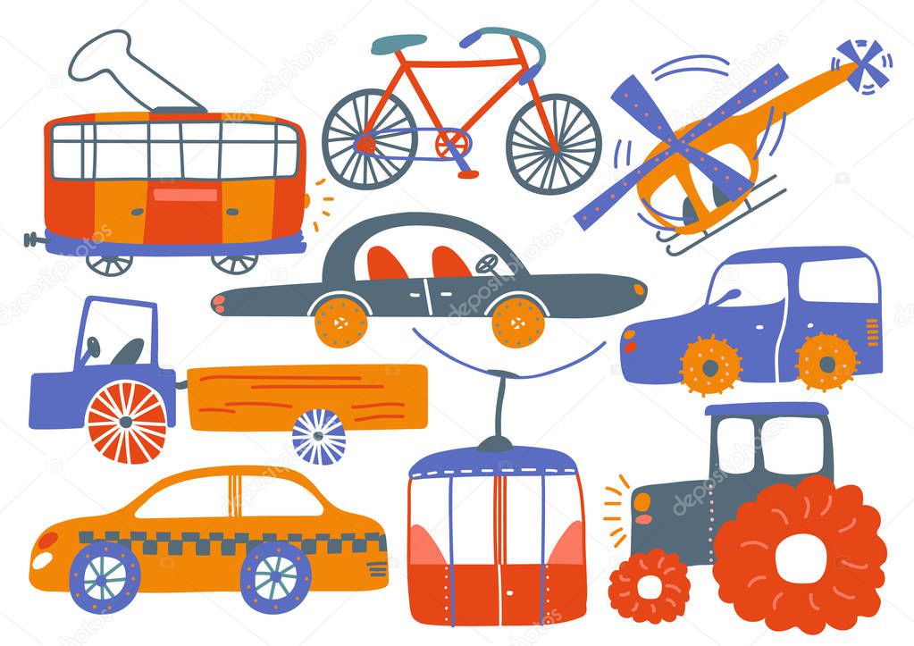 Collection of Various Transport Vehicles, Tram, Bike, Helicopter, Cable Car, Tractor, Truck, Cartoon Vector Illustration