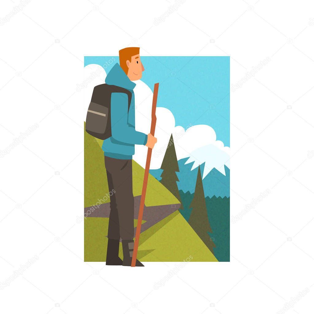 Man Hiking in Mountains with Backpack and Staff, Guy in Summer Mountain Landscape, Outdoor Activity, Travel, Camping, Backpacking Trip or Expedition Vector Illustration