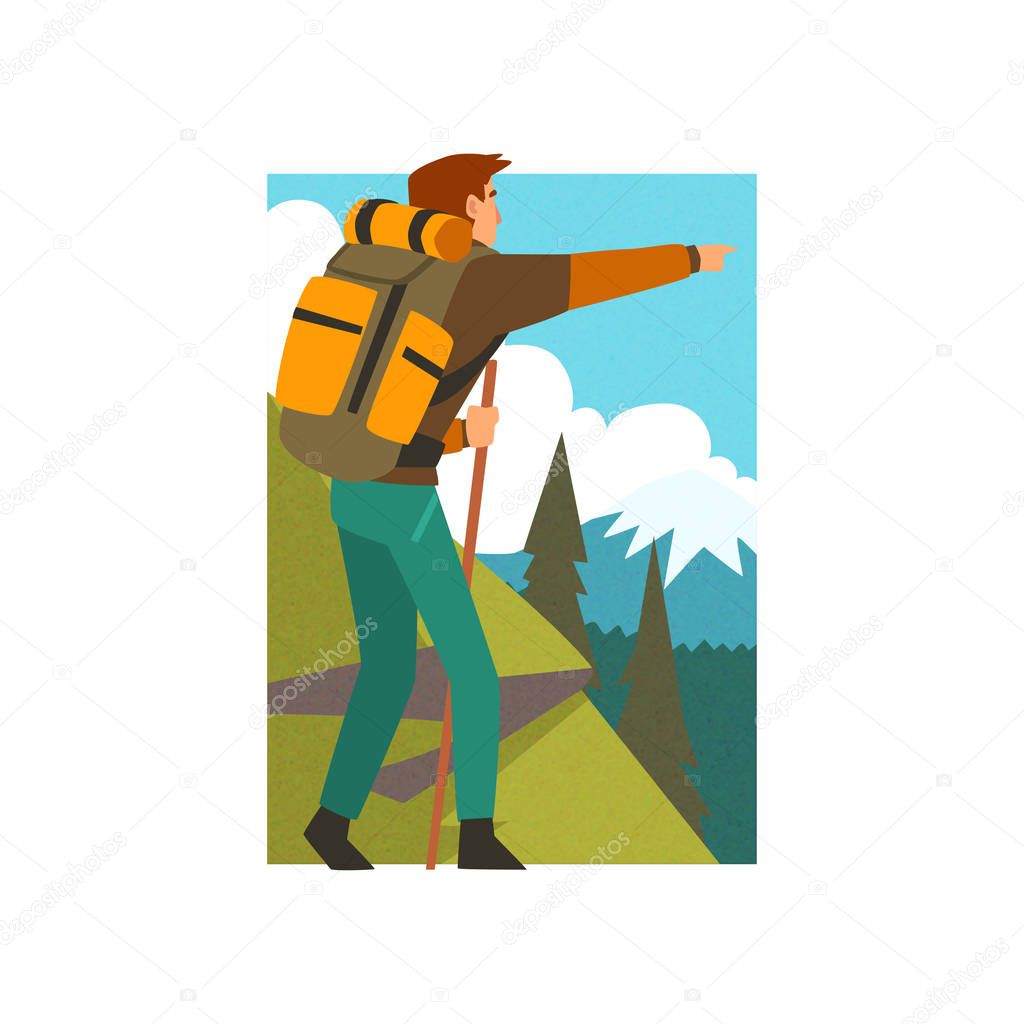 Male Tourist Hiking in Mountains with Backpack and Staff, Man Pointing at Something in Summer Mountain Landscape, Outdoor Activity, Travel, Camping, Backpacking Trip or Expedition Vector Illustration