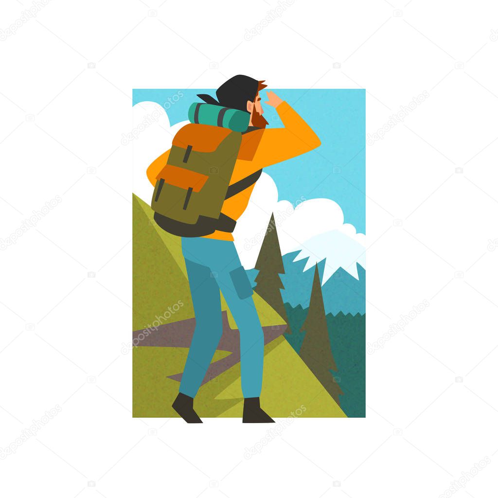 Man with Backpack Looking into Distance in Summer Mountain Landscape, Outdoor Activity, Travel, Camping, Backpacking Trip or Expedition Vector Illustration