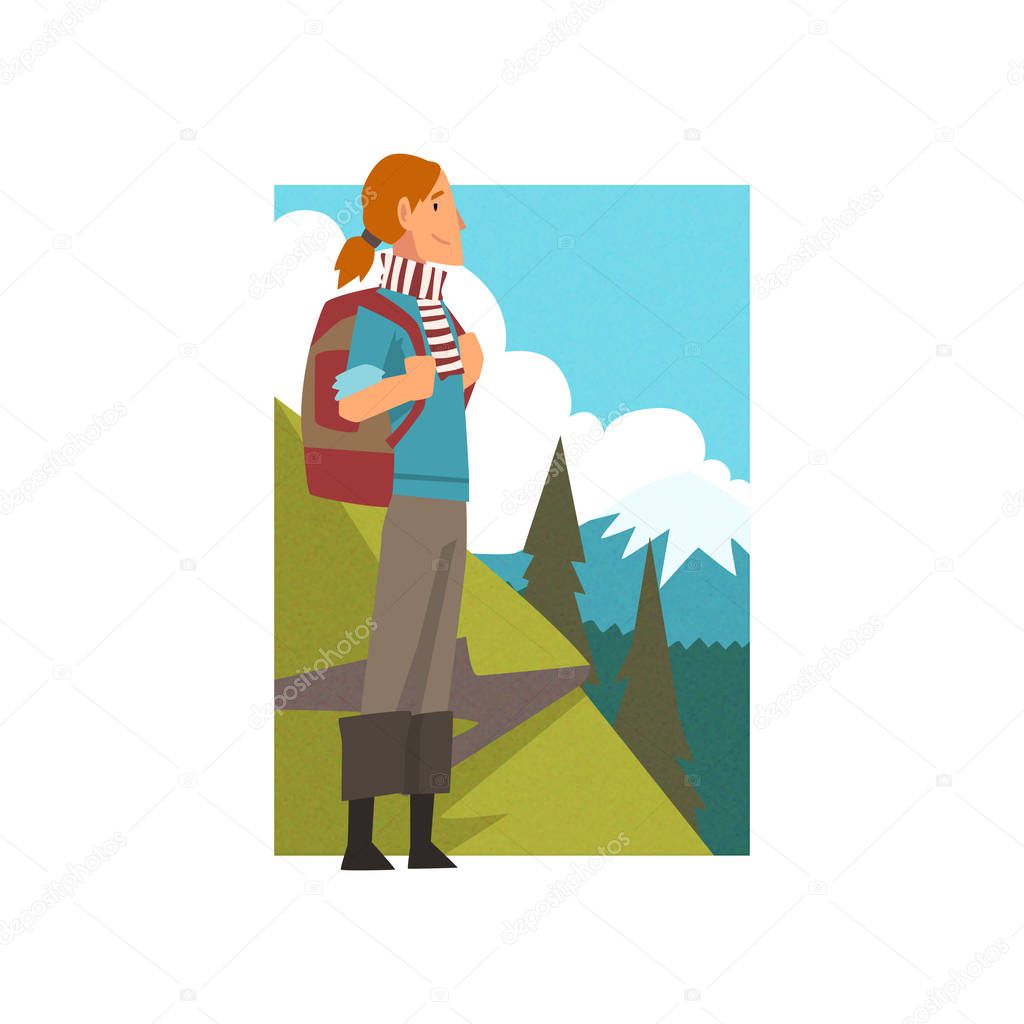 Girl with Backpack in Summer Mountain Landscape, Outdoor Activity, Travel, Camping, Backpacking Trip or Expedition Vector Illustration