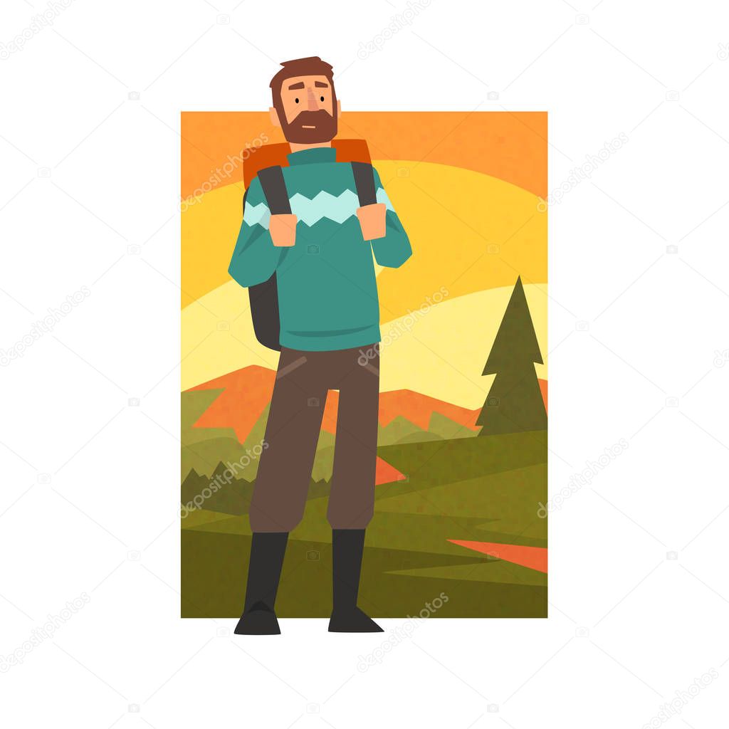 Bearded Man in Summer Mountain Landscape, Outdoor Activity, Travel, Camping, Backpacking Trip or Expedition Vector Illustration