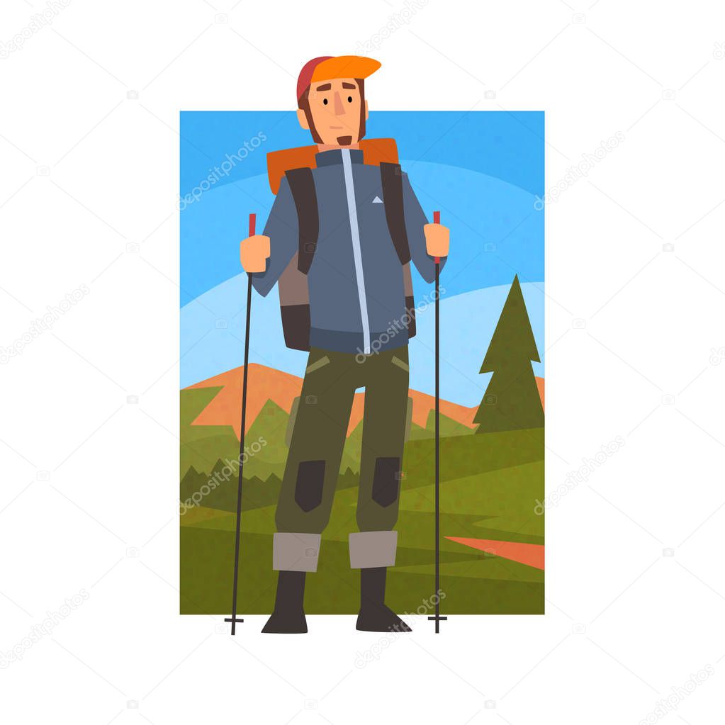 Nordic Walking Tour, Man with Backpack and Poles in Summer Mountain Landscape, Outdoor Activity, Travel, Camping, Backpacking Trip or Expedition Vector Illustration