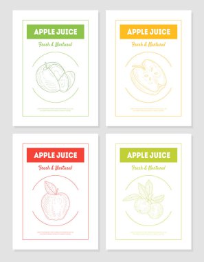 Elma Suyu, Taze ve Doğal Ürün Afişleri Şablonseti, Lezzetli ve Sağlıklı İçecekler Ambalajı, Etiket, Markakimlik Vektör İllüstrasyonu