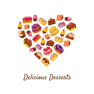 Lezzetli Tatlılar Banner Şablon, Kalp Şekli Vektör İllüstrasyon Lezzetli Tatlılar