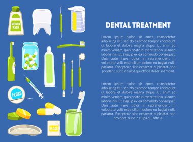 Diş Hekimi Araçları ve Metin Yeri ile Diş Tedavi Afiş Şablonu, Diş Kliniği Servisi, Mobil Web Sitesi, Açılış Sayfası Tasarım Elemanı Vektör İllüstrasyon