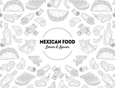 El Çizilmiş Desen, Restoran veya Cafe Menü Tasarım Element Vektör İllüstrasyon ile Meksika Gıda Banner Şablonu