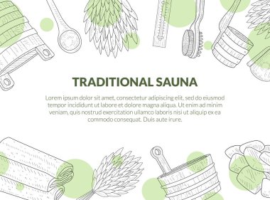 Geleneksel Sauna Afişi, Metin ve El Çizimi Banyo Aksesuarları Için Yer afiş, Huş Süpürgesi, Kova, Havlu, Fırça, Termometre Vektör İllüstrasyon
