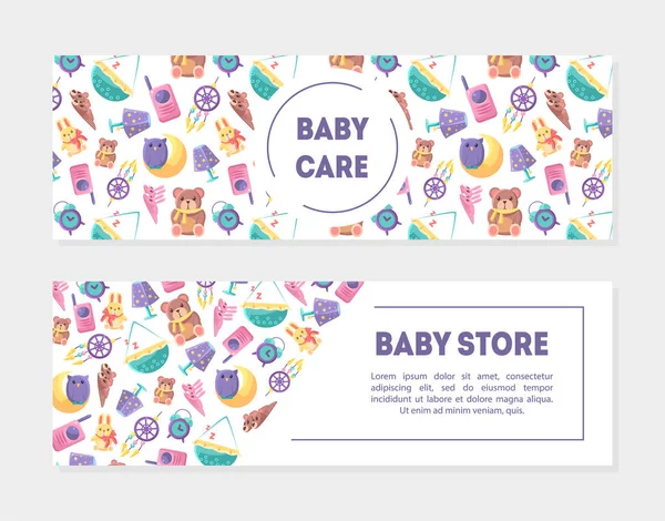 Baby Carem Baby Store Plantillas de banner con juguetes lindos y juegos de suministros de cuidado, Elemento de diseño con lugar para texto, Se puede utilizar para la página de destino, Aplicación móvil, Volante, Ilustración de vectores de tarjetas de regalo — Vector de stock