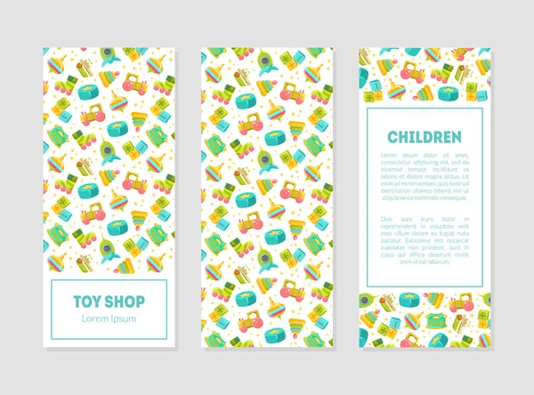 Toy Shop Banner Templates with Cute Baby Toys Pattern and Place for Text, Design Element Can Be Used for Card, Label, Invitation, Certificate, Flyer, Coupon Vector Illustration — Stock Vector
