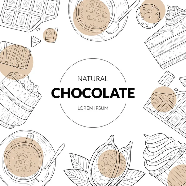 Natürliche Schokolade Banner Vorlage mit Schokolade Desserts handgezeichneten Muster und Ort für Text, Design-Element kann Verpackung, Etikett, Branding Identity, Zertifikat, Vektorillustration verwendet werden — Stockvektor