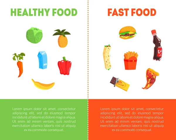 Scelta degli alimenti, modello di banner per alimenti sani e spazzatura con spazio per testo, verdure fresche o illustrazione vettoriale fast food — Vettoriale Stock