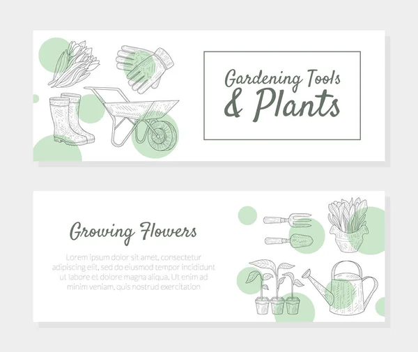 Gardening Tools and Plants, Growing Flowers Horizontal Banners Set, eason Gardening and Horticulture Vector Illustration — Stock Vector