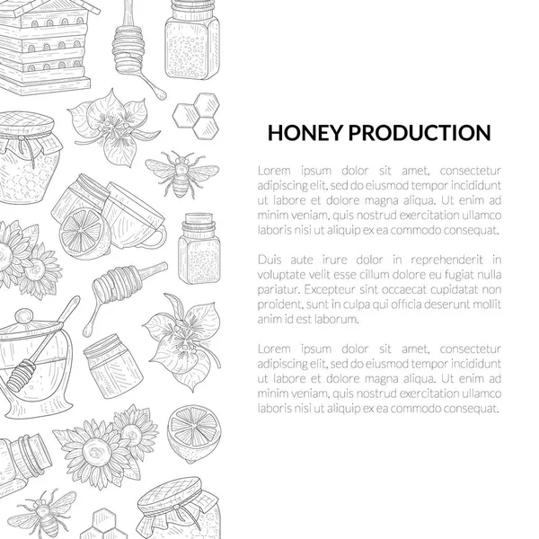 Banner-Vorlage für die Honigproduktion mit handgezeichnetem Muster und Platz für Text, natürliche süße gesunde Lebensmittel, Gestaltungselement kann für Karte, Etikett, Einladung, Zertifikatsvektorillustration verwendet werden — Stockvektor