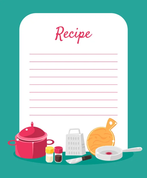 Receta Cookbook decorado con herramientas de cocina, Tarjeta con líneas para la colocación de recetas Vector Ilustración — Vector de stock