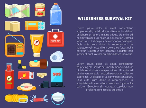 Wilderness Survival Kit Banner Template with Place for Text, Travel Necessities, First Aid Kit, Map, Canned Food, Phone, Rope, Compass, Bottle of Water, Radio, etc. Vector Illustration — Stock Vector