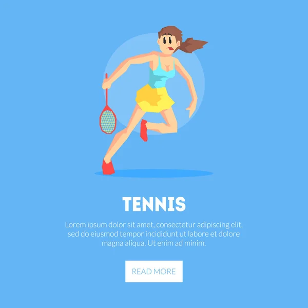 Flicka spela tennis, Weaing sport enhetlig banner mall, design element kan användas för målsida, mobilapp, webbplats vektor illustration — Stock vektor