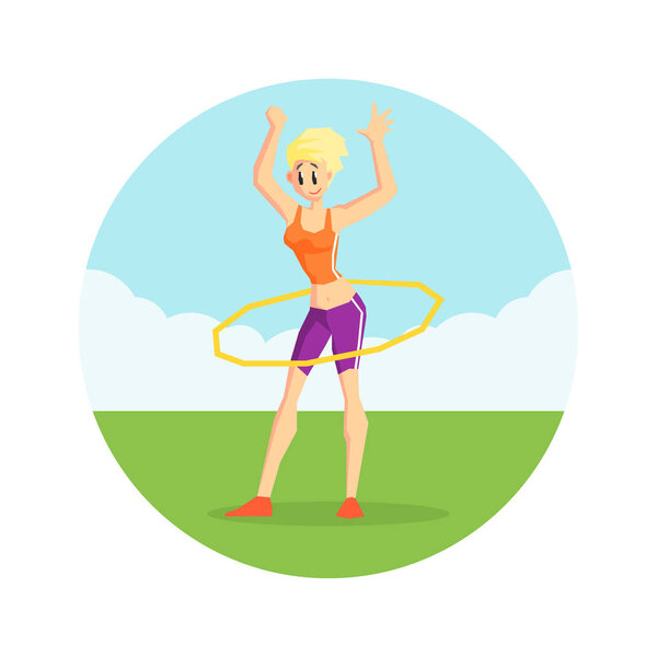 Girl Twirling Hula Hoop Around Her Waist in Nature Wearing Sports Uniform, Physical Workout Training, Active Healthy Lifestyle Vector Illustration