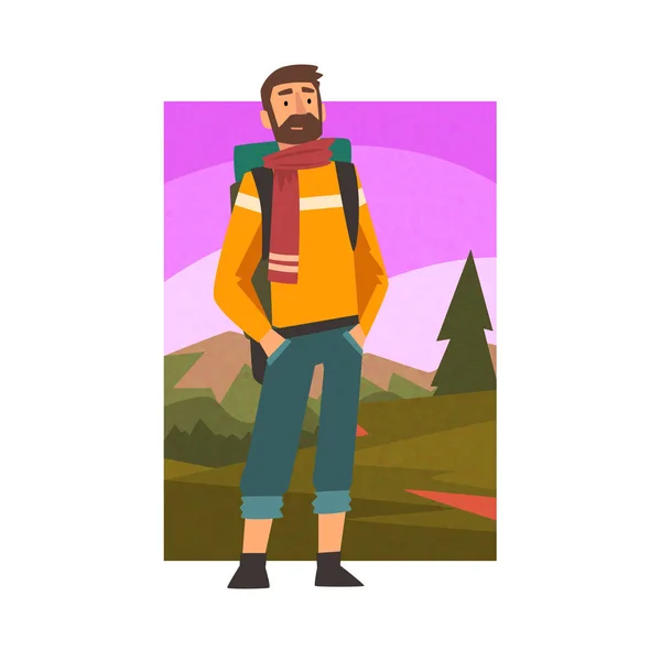 Brodaty człowiek podróżowanie z plecaka, mężczyzna podróżnik w lato góry krajobraz, aktywność na świeżym powietrzu, Podróże, Camping, Backpacking wycieczka lub Ekspedycja wektor ilustracja — Wektor stockowy