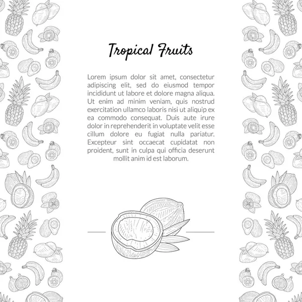 Tropical Fruits Banner Template with Place for Text and Hand Drawn Pattern, Exotic Tasty and Healthy Food Vector Illustration — Stock Vector