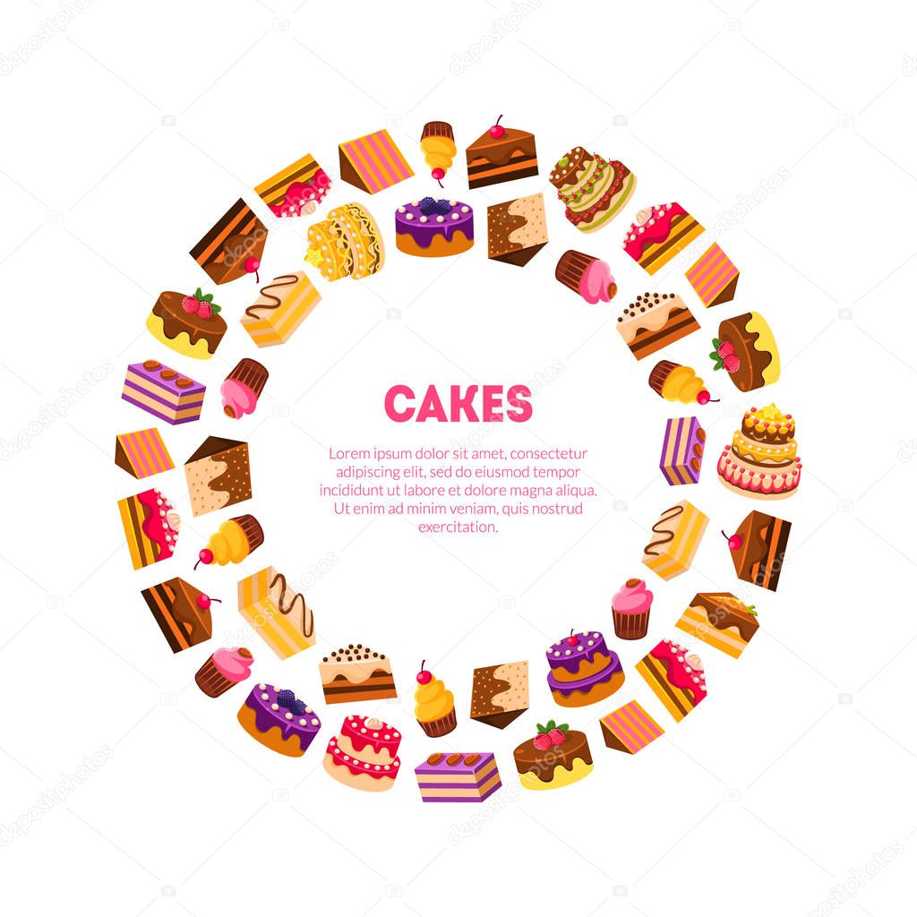 Cakes Banner Template, Delicious Desserts in Circular Shape with Place for Text Vector Illustration