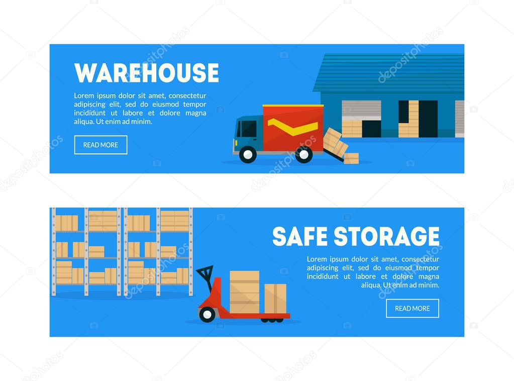 Warehouse, Safe Storage Horizontal Banners Templates Set, Freight, Cargo Transportation, Storage of Goods, Mobile Website, Landing Page Design Element Vector Illustration
