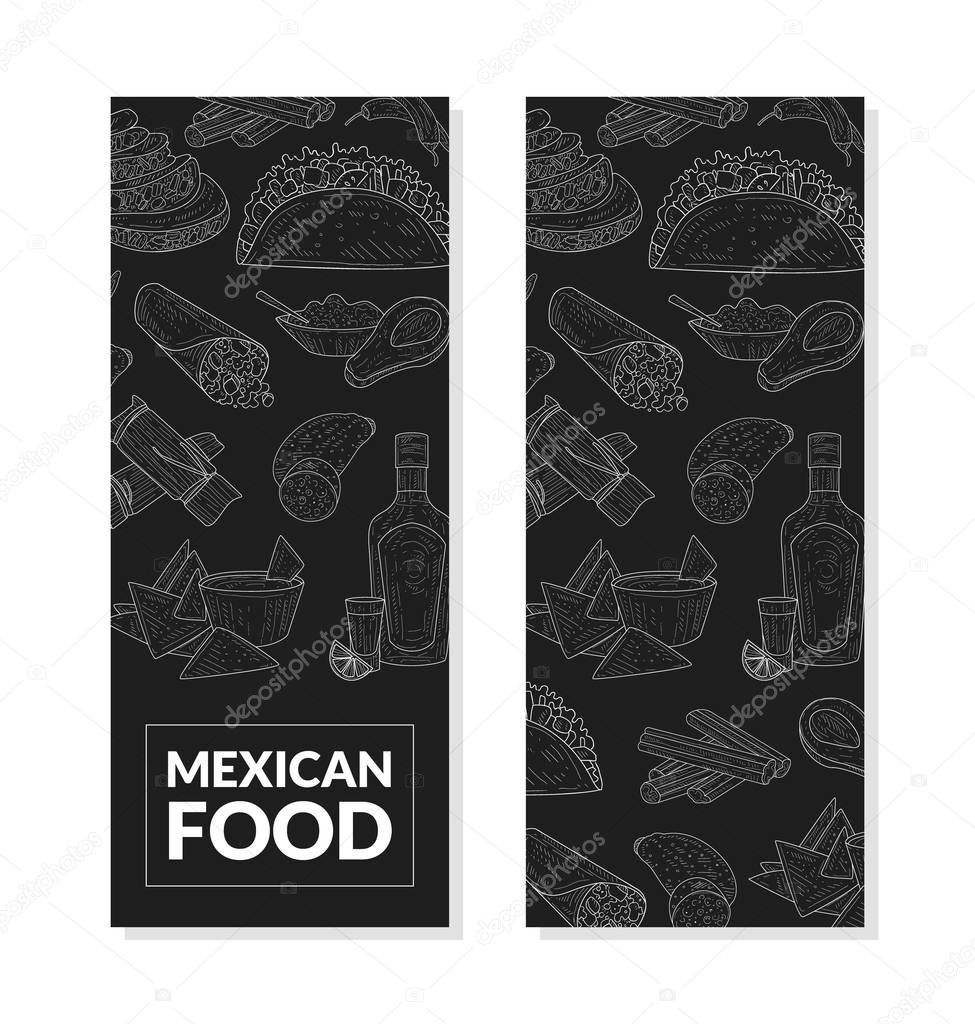 Mexican Food Banner Template with Hand Drawn Pattern, Restaurant or Cafe Menu Design Element on Chalkboard Vector Illustration