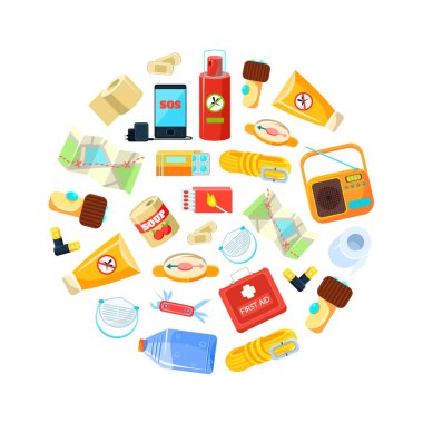 Wilderness Survival Kit, Seyahat Gereksinimleri Dairesel Şekli, İlkyardım kiti, Harita, Konserve Gıda, Telefon, Halat, Pusula, Su, Radyo, Kibrit kutusu, Kovucu, Vector Illustratio