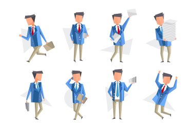 Düz vektör işadamı ile simgeler kümesi. Evet, kağıt yığınını taşıyan, evrak çantası ile koşma, atlama ofis çalışanı