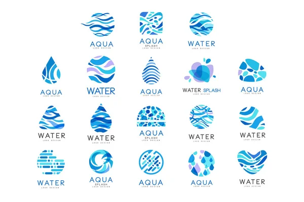 Platte vector set originele aqua logo's. Abstract blauw emblemen voor levering waterbedrijven. Elementen voor reclame poster of het spandoek — Stockvector