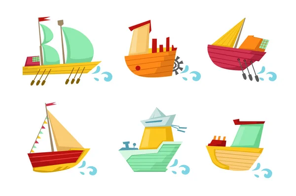 Set of colorful wooden ships with cute faces. Small sailing boats. Marine theme. Flat vector for children room decor or mobile game — Stock Vector