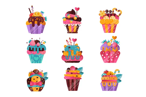 Ensemble vectoriel plat de délicieux cupcakes avec dégradés et texture. Muffins sucrés décorés de baies, fruits, cannes à bonbons et feuilles de menthe — Image vectorielle