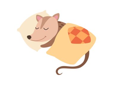 Sevimli Opossum Yatakta Uyku, Sevimli Vahşi Hayvan Karikatür Karakter Vektör İllüstrasyon