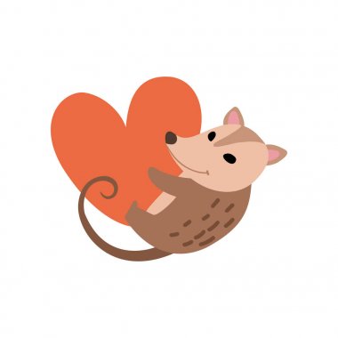 Sevimli Opossum Holding Big Red Heart, Sevimli Vahşi Hayvan Karikatür Karakter Vektör İllüstrasyon