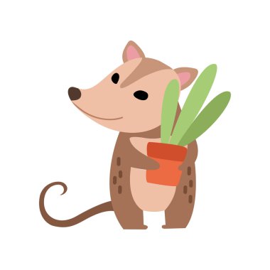 Sevimli Opossum Holding Saksı Houseplant ile, Adorable Wild Animal Cartoon Karakter Vektör İllüstrasyon