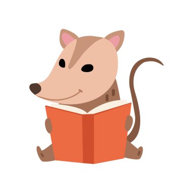 Sevimli Opossum Oturma ve Okuma Kitabı, Sevimli Vahşi Hayvan Karikatür Karakter Vektör İllüstrasyon
