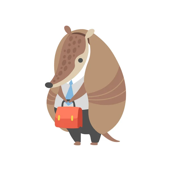 Empresario de Armadillo de pie con maletín con ropa de negocios, trabajador de oficina, ilustración vectorial de personajes de dibujos animados de animales del Pleistoceno — Vector de stock